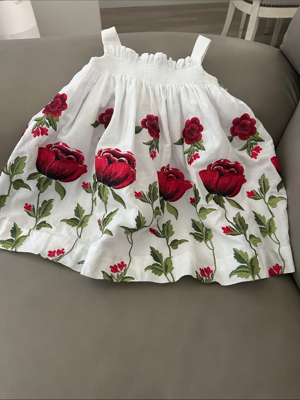 Edgehill Collection White Dress with Red Floral Embroidery